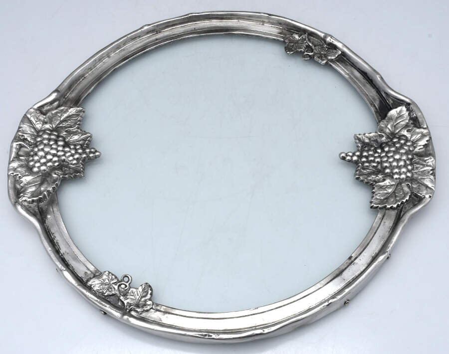 Pewter Hollowware Cocktail Tray with Metal Rim & Glass Center by C Kurz & Co-1