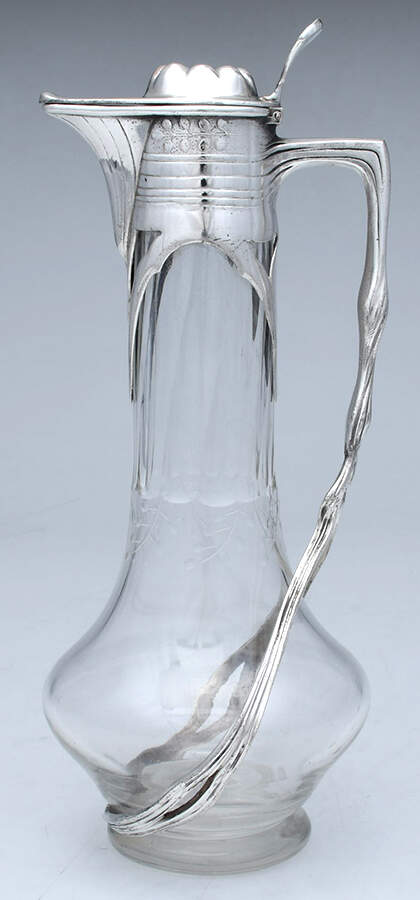 Art Nouveau Style (Silverplate, Hollowware) Claret Jug with Glass Base & Hinged Lid by Orvit AG-1