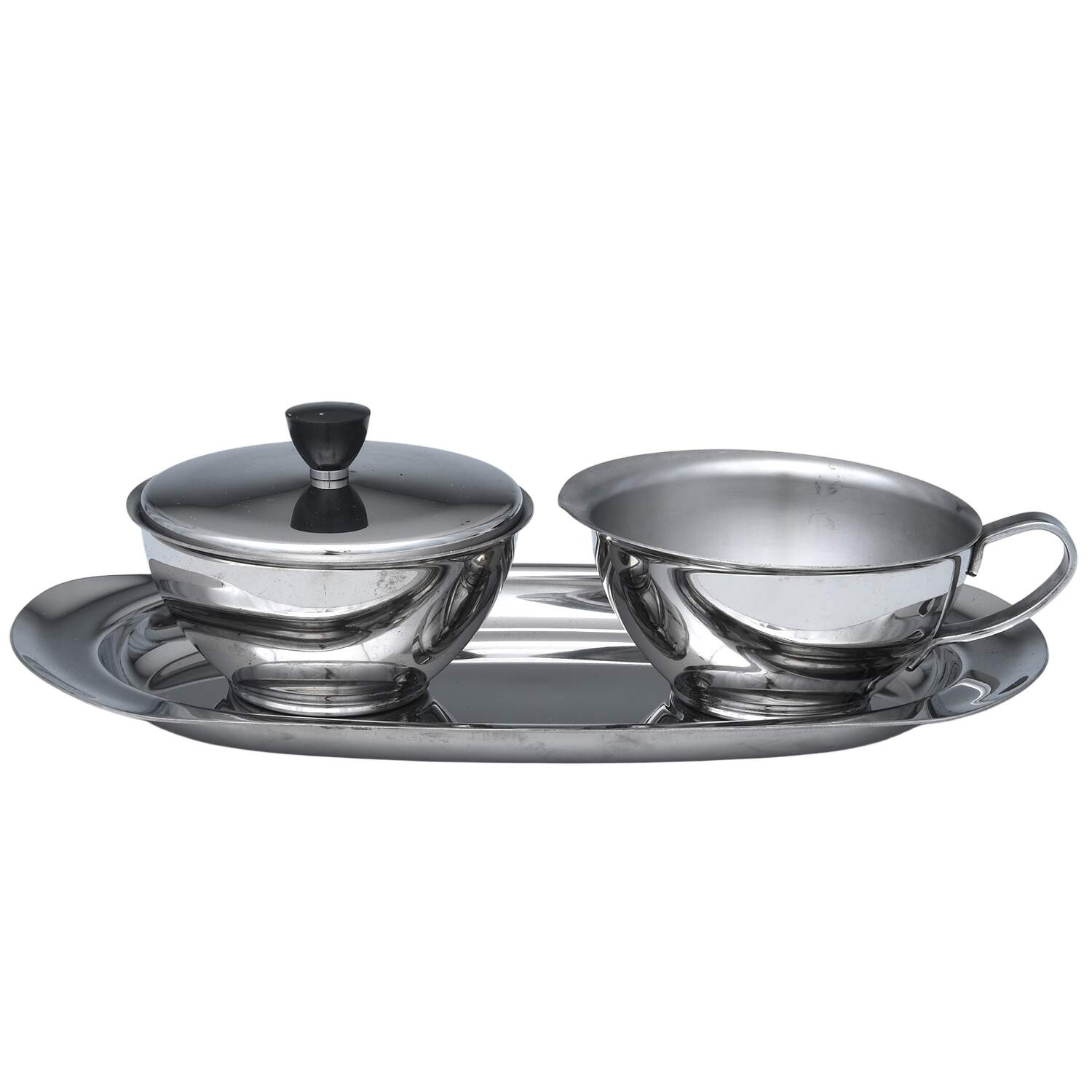 Stainless Hollowware Creamer, Sugar & Lid with Tray Set by Revere Silver-1