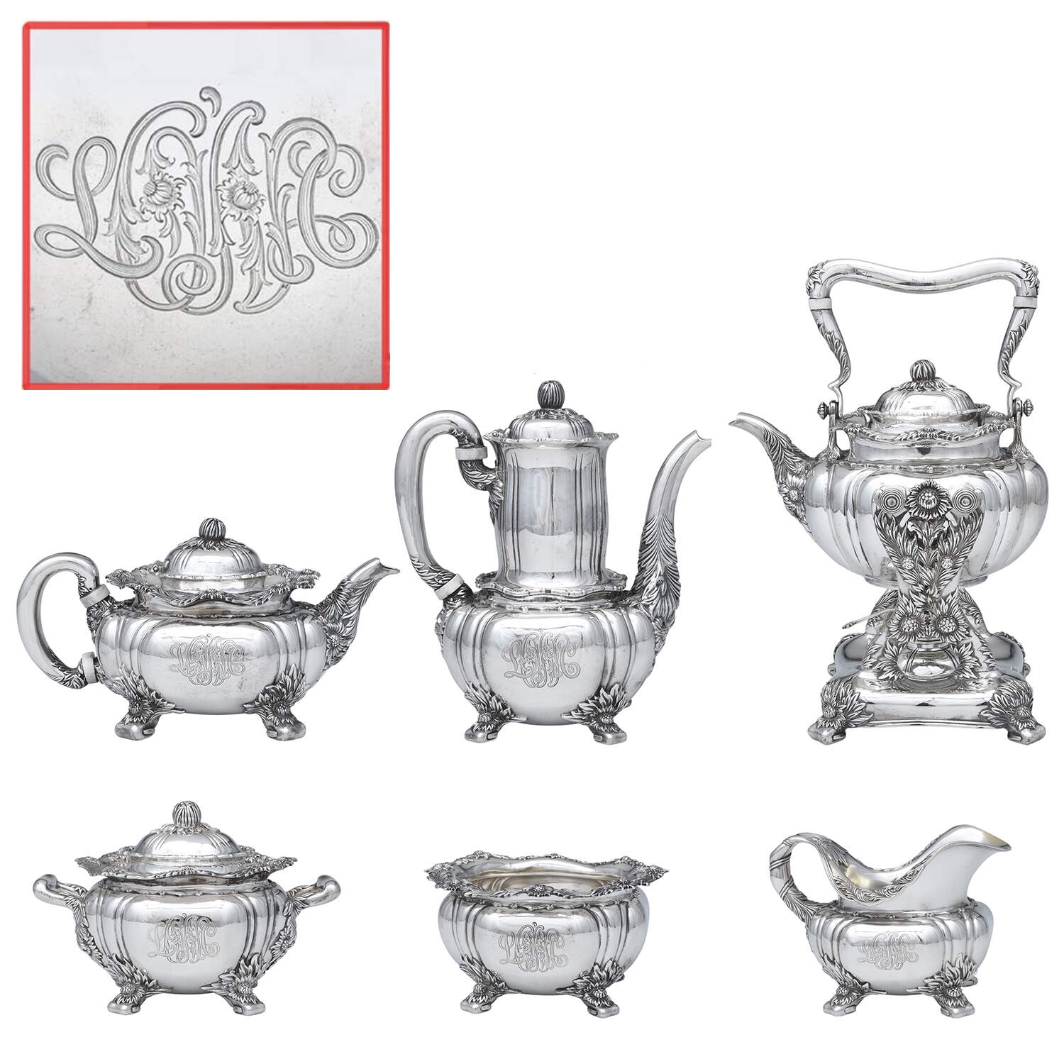 Chrysanthemum (Strl, 1880, Hlwr, 925-1000, FloralEdge) 6 Piece Tea Set (SCP1, STP1, SCR1, SSU1,SWB1, SKES1) by Tiffany & CO SILVER-1