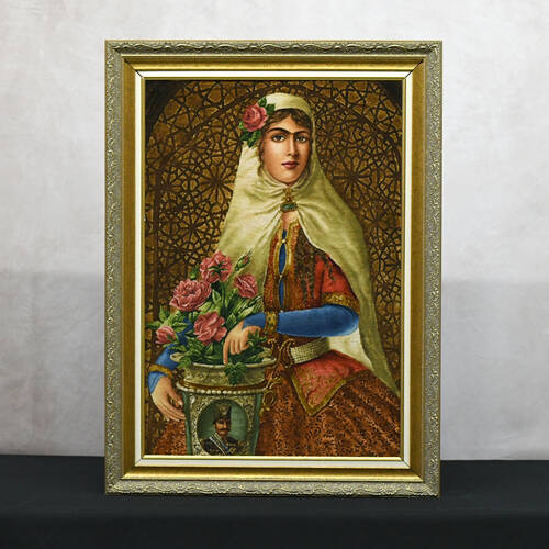Hand-Woven Framed Art Rug After Hojat Shakiba Painting of Qajar Woman