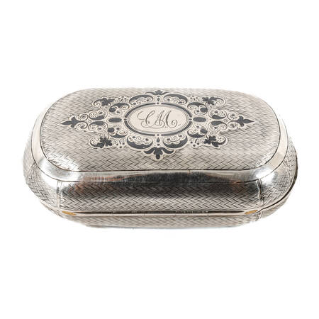 Antique Victorian Black Enamel and Silver Engraved Snuff Box