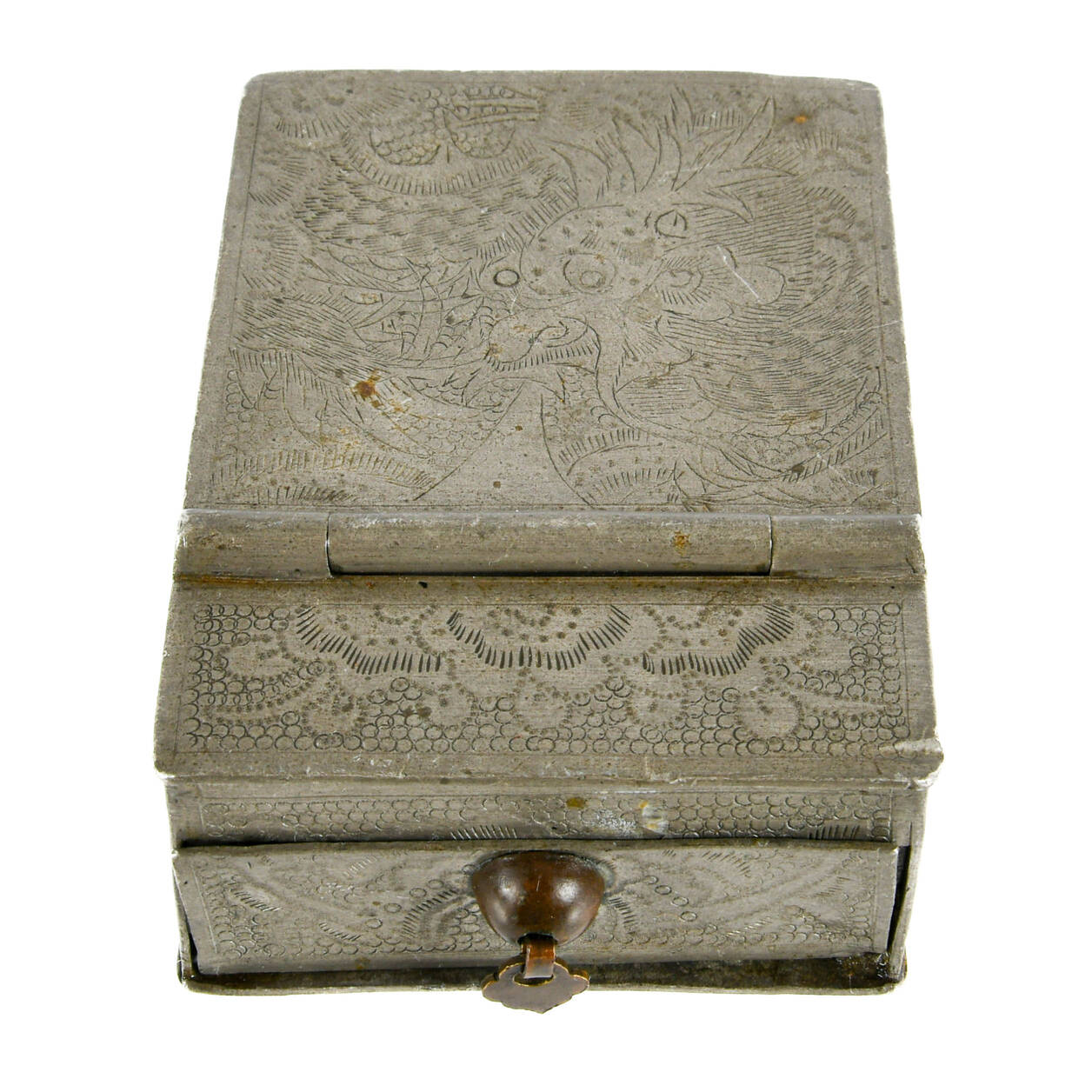 Antique Kut Hing Pewter Swatow Travel Dressing Case Mirror