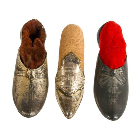 Collection of Three Metal and Leather Pin Cushion Shoes