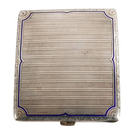 Vintage German Sterling Cigarette Case with Blue Enamel Border
