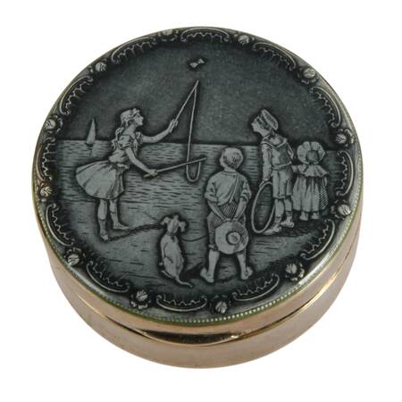 Sterling and Guilloché Enamel Pill Box with Children by Seaside Scene