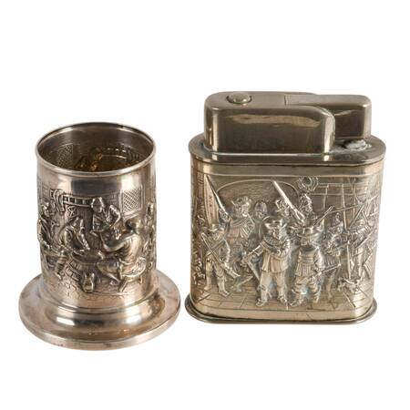 Dutch Silver Repoussé Table Lighter and Cigarette and Match Holder Set