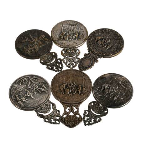 Lot of Six Danish Silverplate Repoussé Compact Hand Mirrors