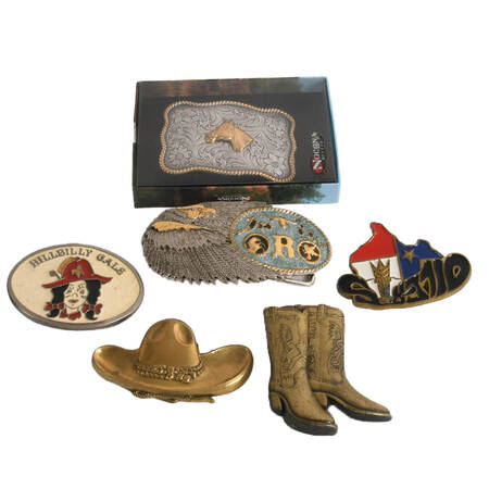 Collection of Six Metal Cowboy Themed Belt Buckles