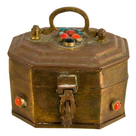 1970s Bejeweled Turquoise and Coral Stone Octagonal Brass Box