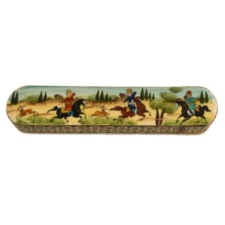 Khatam Marquetry Qalamdan Pen Box with Hand-Painted Equestrian Miniature