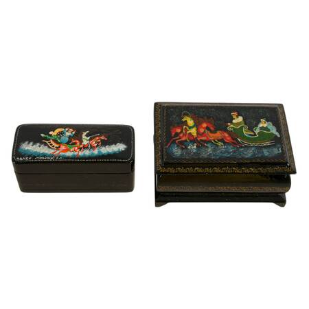 Pair of Russian Palekh School Troika Sled Lacquer Boxes