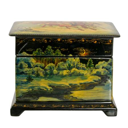 Signed Russian Fedoskino Troika Sled and Winter Scene Black Lacquer Box
