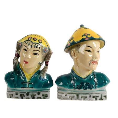 Pair of Mid-Century Goldscheider Hand-Painted Porcelain Japanese Busts