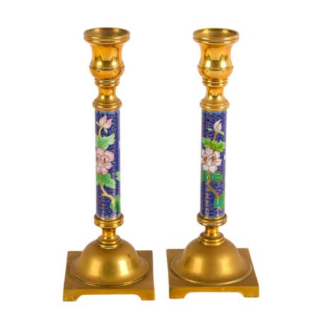 Pair of Chinese Brass and Enamel Cloisonné Candlesticks