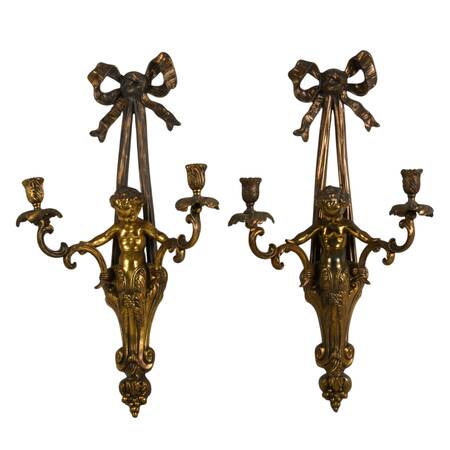 Antique Pair of French Louis XVI-Style Metal Cherub Wall Candleholder