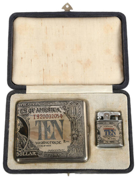 Boxed Ten Dollar Bill Cigarette Case and Lighter