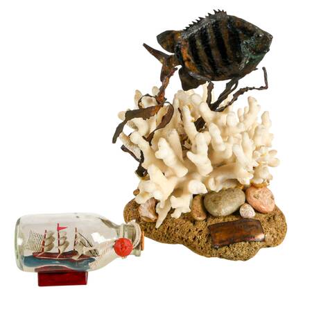 William Stetz Coral and Copper Sergeant Fish Sculpture with Ship in Bottle