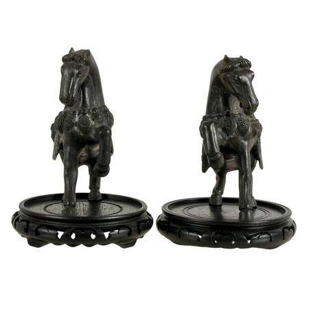 Pair of Bronze Tang Horses on Round Black Stands