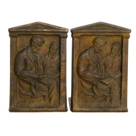 Antique Pair of "Lincoln & Son Reading" Bookends Designed by Olga Popoff