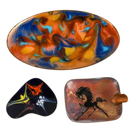 Three-Piece Mid-Century Modern Swirled Enamel on Copper Dishes and Ashtray