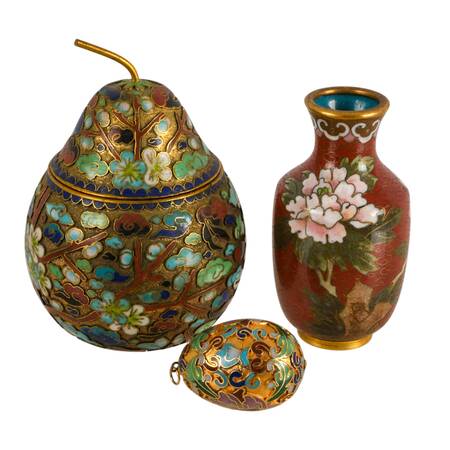 3-Piece Chinese Cloisonné Lovers Set: Pear Box Candle, Vase, & Egg Pendant