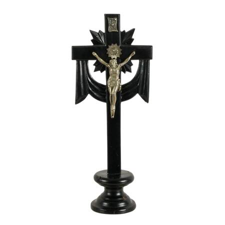 Antique Black Forest Carved Wood Standing Altar Cross
