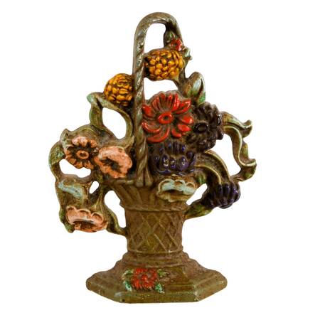 Antique Painted Iron Basket of Dahlias Doorstop