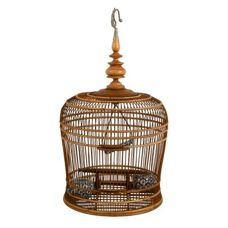 Maitland-Smith Style Rattan Birdcage with Blue and White Porcelain Accents