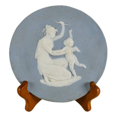 Blue and White Wedgwood-Style Jasperware Venus Disarming Cupid Medallion