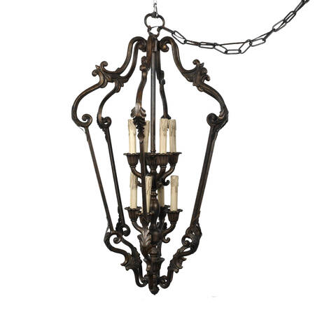 Spanish Revival-Style Wrought Iron Lantern Cage Chandelier