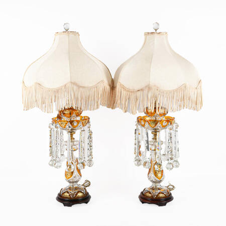 Antique Pair of Bohemian Glass Luster Table Lamps with Shades