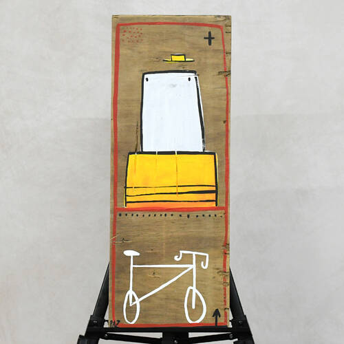 Manuel Paz Untitled Acrylic on Reclaimed Wood, Just a Man and His Bike