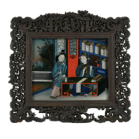 Antique 19th-Century Chinese Reverse Painting on Glass in Frame