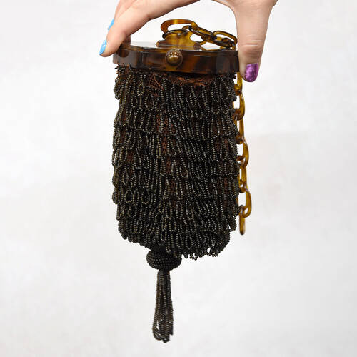 Circa 1940s Beaded Wristlet Purse with Bakelite Chain Handle