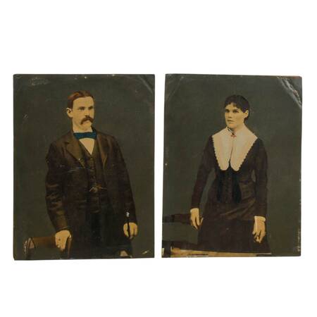 Pair of Hand-Painted Tintype Patrick and Julia Dempsey on their Wedding Day