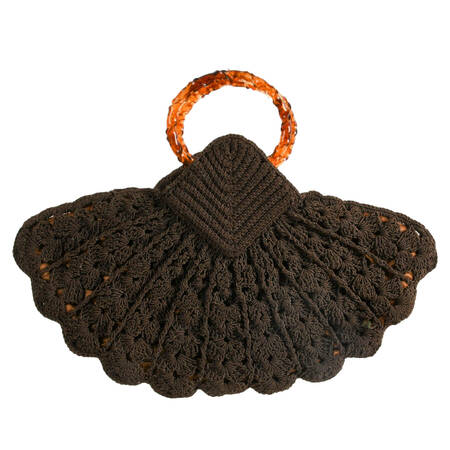 Vintage 1940s Crocheted Fan-Shape Purse with Carved Amber Acrylic Handles