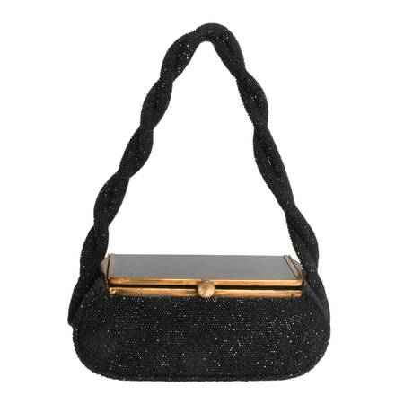 Vintage Black Beaded Box Purse with Mirrored Lid