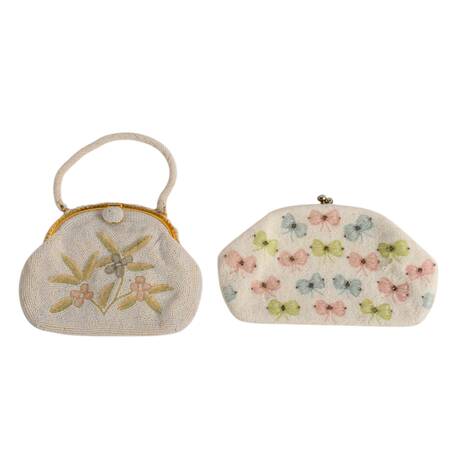 Set of Two Vintage Pastel Palm and Ribbon Beaded Purses Made in Japan