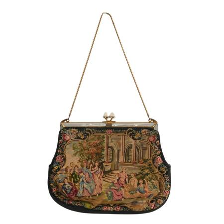 Vintage Scenic Lord & Taylor Petit Point Purse with Mother of Pearl Frame