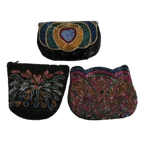 Set of Three Vintage Beaded Multicolor Jewel-Tone Evening Bags