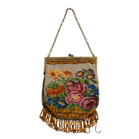 Antique Victorian Floral Still Life Microbeaded Purse with Fringe