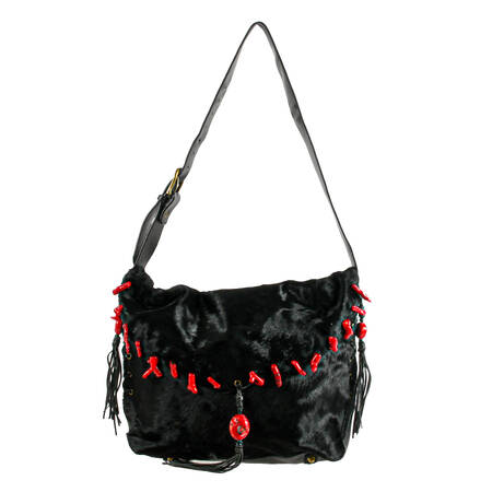 Sharif Couture Black Leather Hide Shoulder Bag with Red Coral Accents