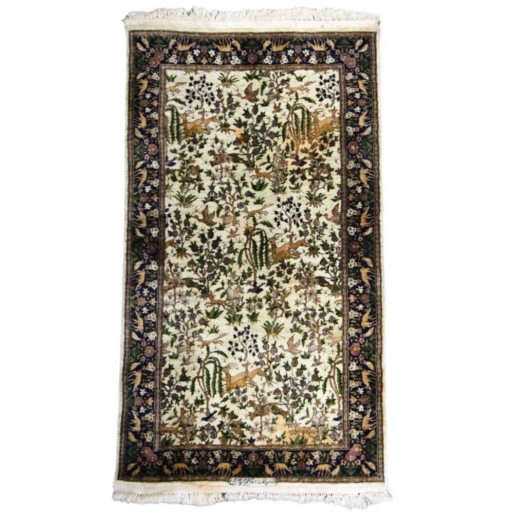 Signed Merino and Silk Blend Garden Scene Area Rug