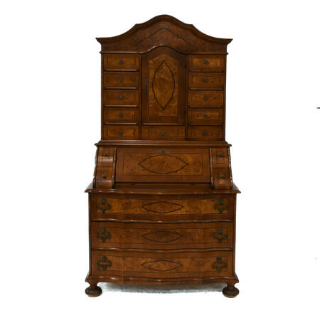 Antique Inlaid Baroque Walnut and Burl Tabernacle Secretary