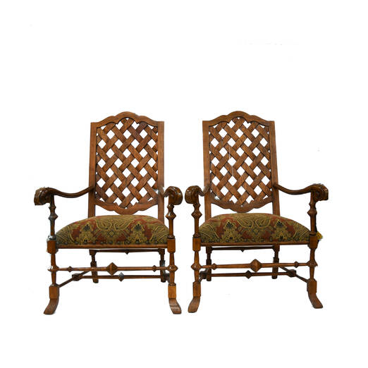 Pair Walnut Fireside High Back- Long Arm Chairs