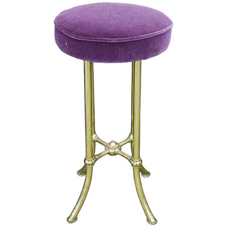 Individual Round Purple Velvet and Brass Barstool