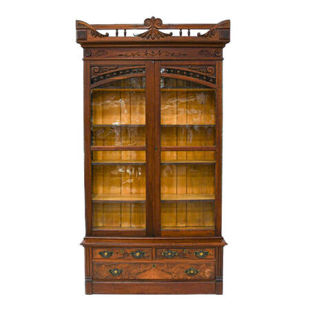 Antique Victorian Walnut Glass Front Bookcase