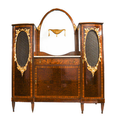 French Gilded Bronze Marquetry Marble Top Vitrine Cabinet