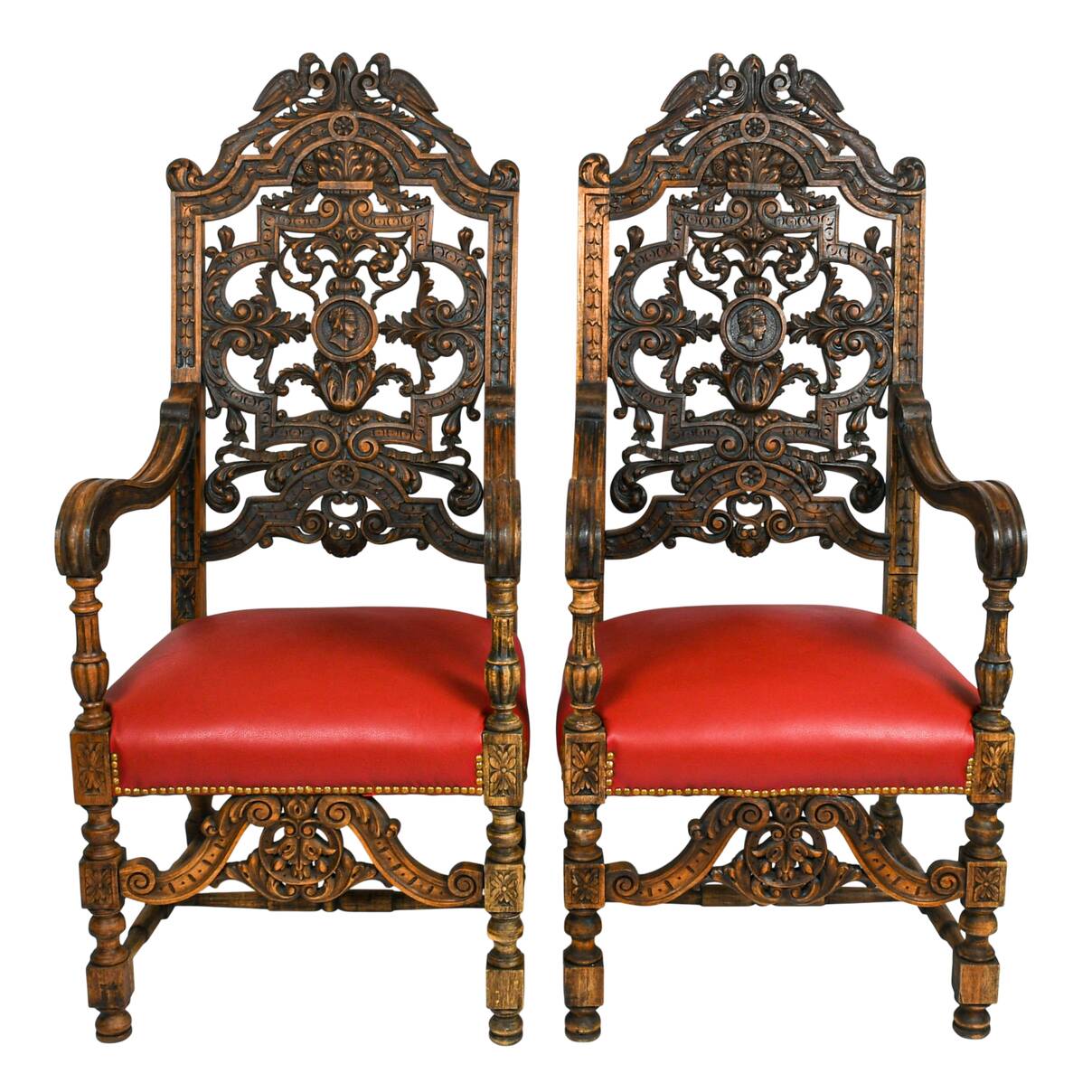 Antique Pair of Carved Walnut Jacobean Throne Chairs